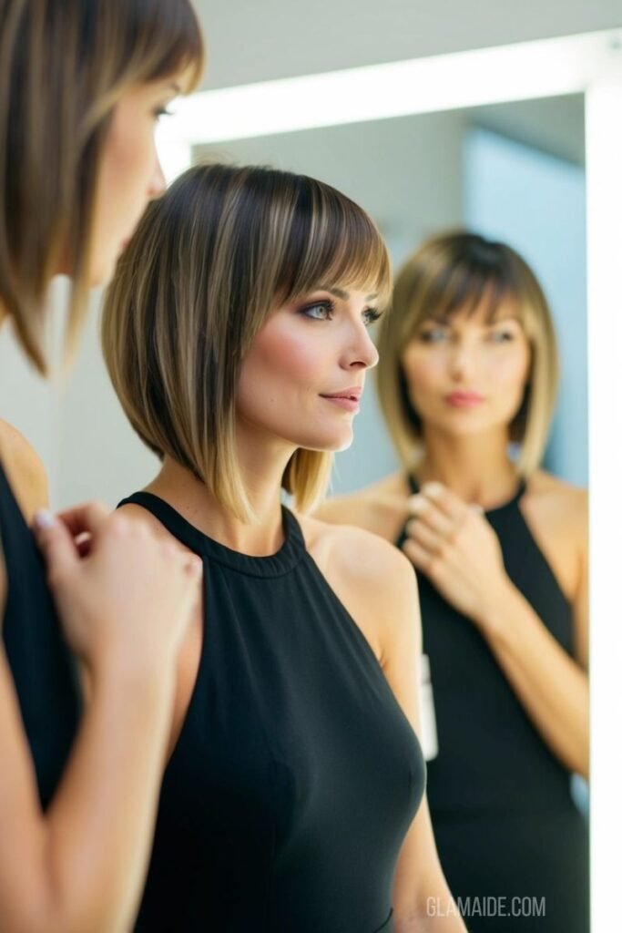 A woman with an asymmetrical lob and choppy bangs, standing in front of a mirror, admiring her stunning medium-length hairstyle