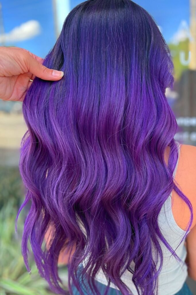 Deep Violet Balayage with Soft Waves and Vibrant Gradient