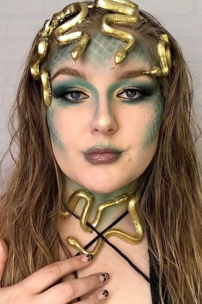 Medusa golden snake crown with wet-look hair and serpent makeup