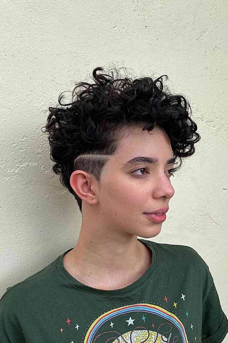 curly pixie undercut with a shaved line