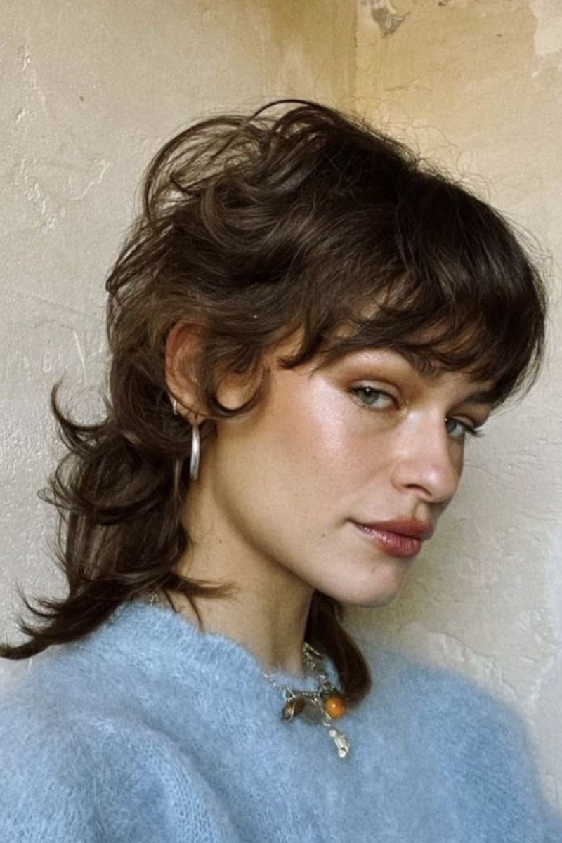 Curly Shaggy Mullet with Layered Bangs