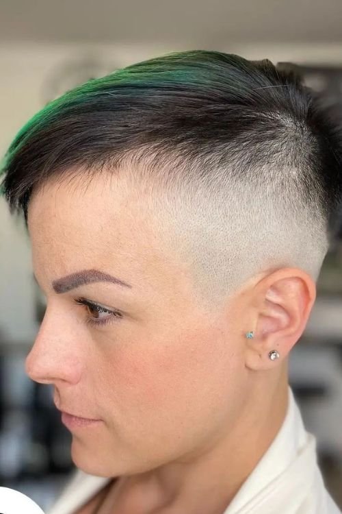 High Fade Undercut Bob with black and green tones and short textured bangs