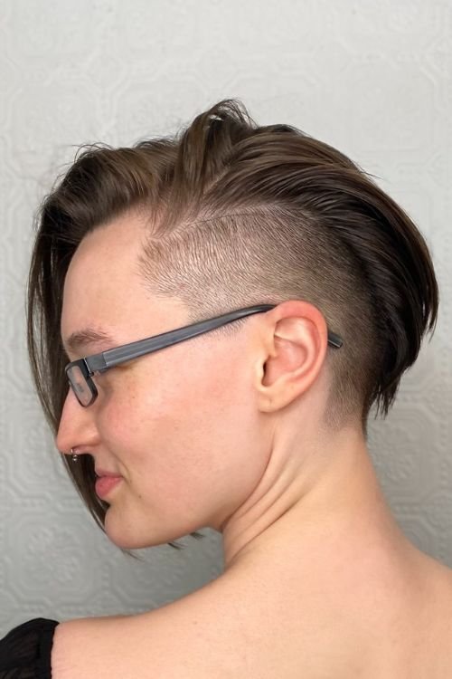 Undercut bob slicked back no bangs natural brown