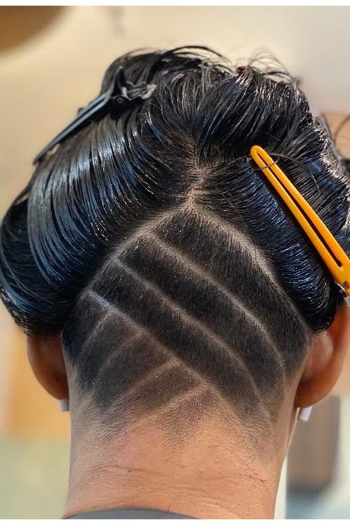 Undercut bob with geometric shaved design no bangs sleek black