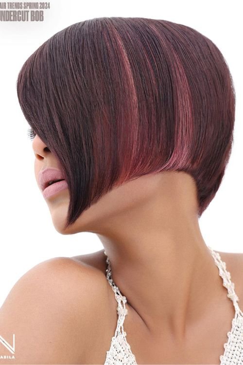 Undercut bob with longer side pink highlights burgundy base