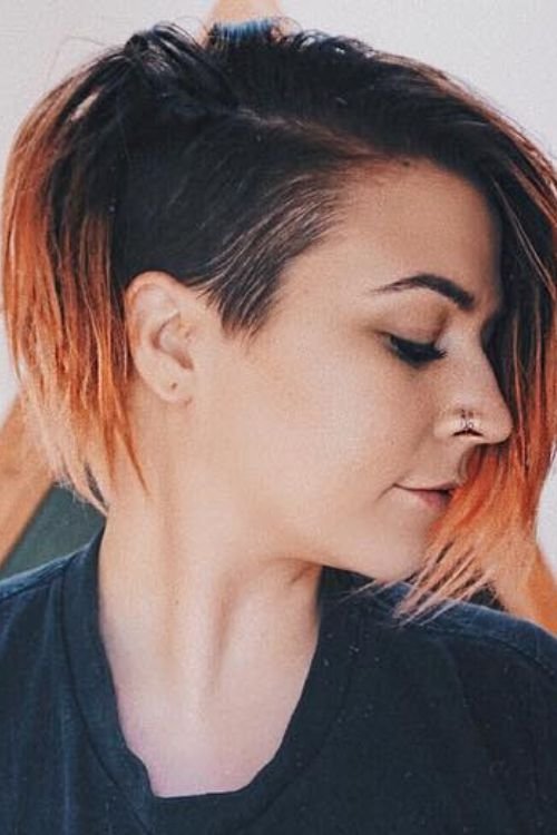 Undercut bob with tousled layers orange ombre longer fringe