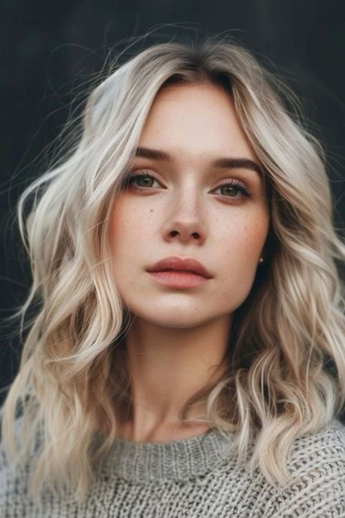 Wavy shoulder-length blonde with middle part