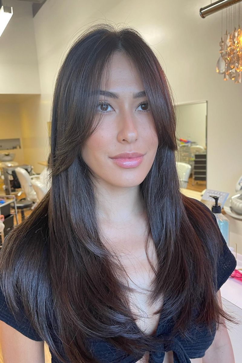 straight layers with curtain bangs.