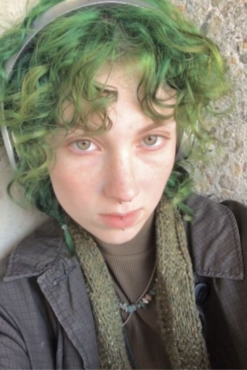 vibrant green color with curly, shaggy layers