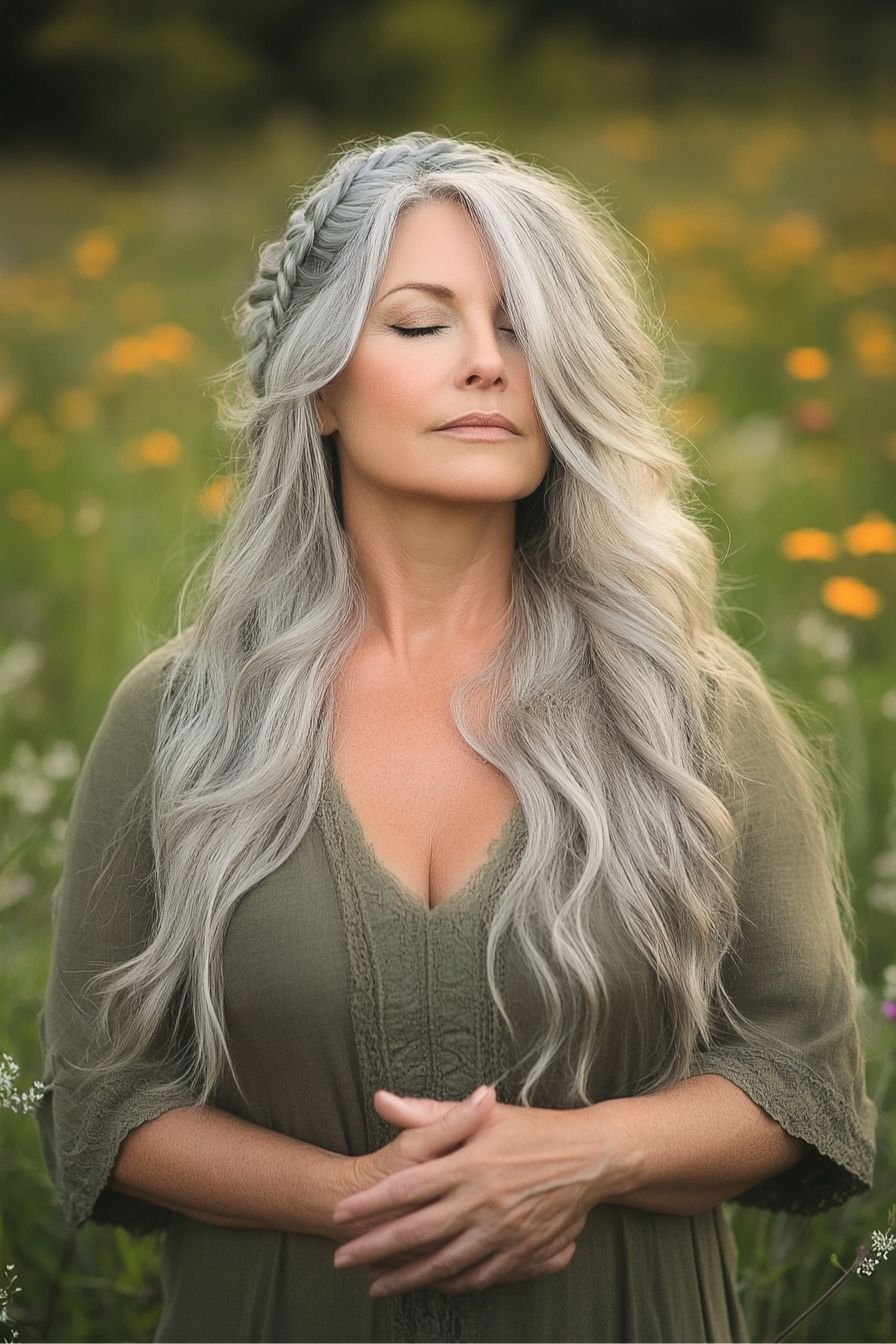 Long Silver Hair with Braided Crown