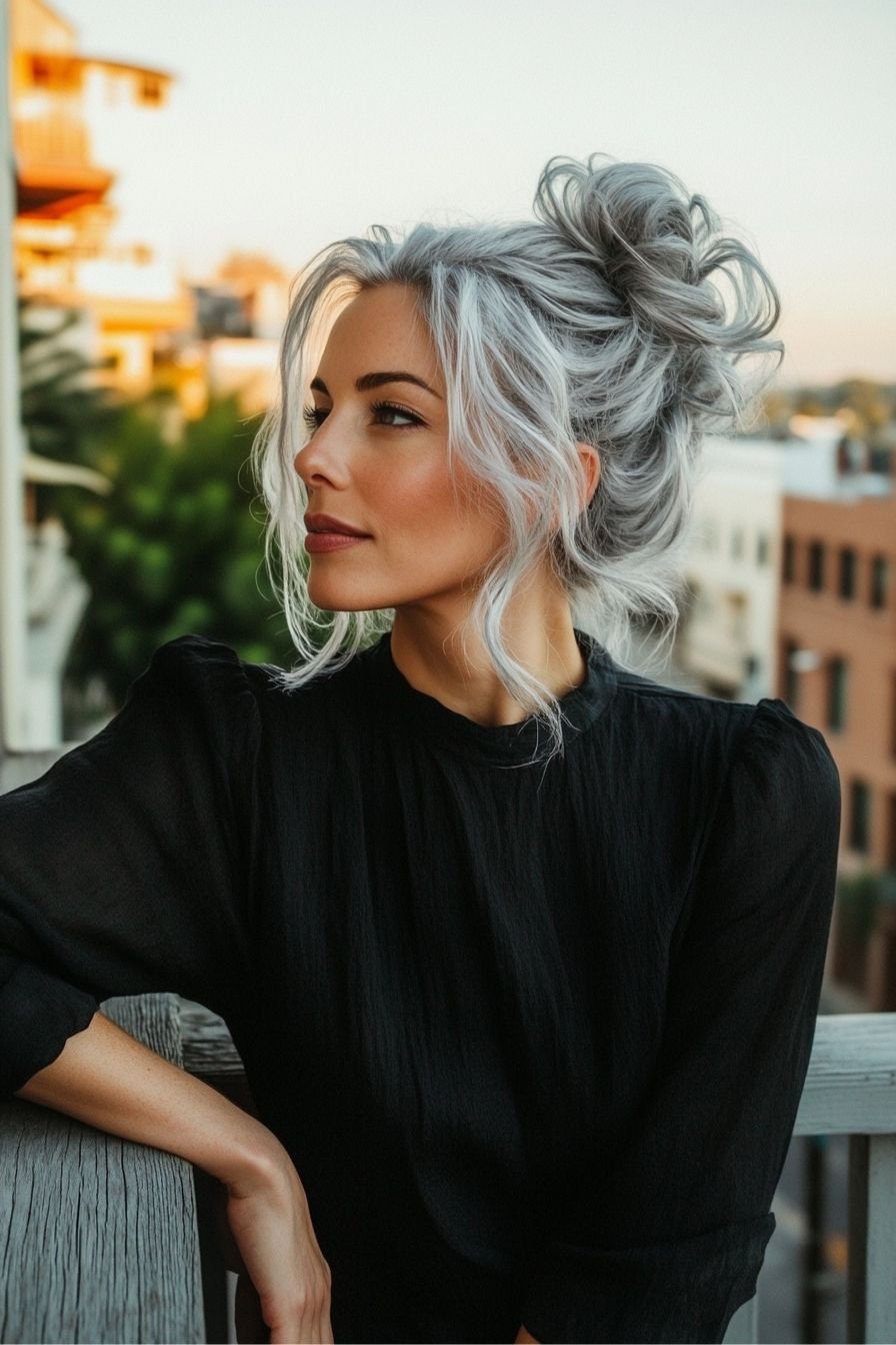 Messy Silver Bun with Loose Strands