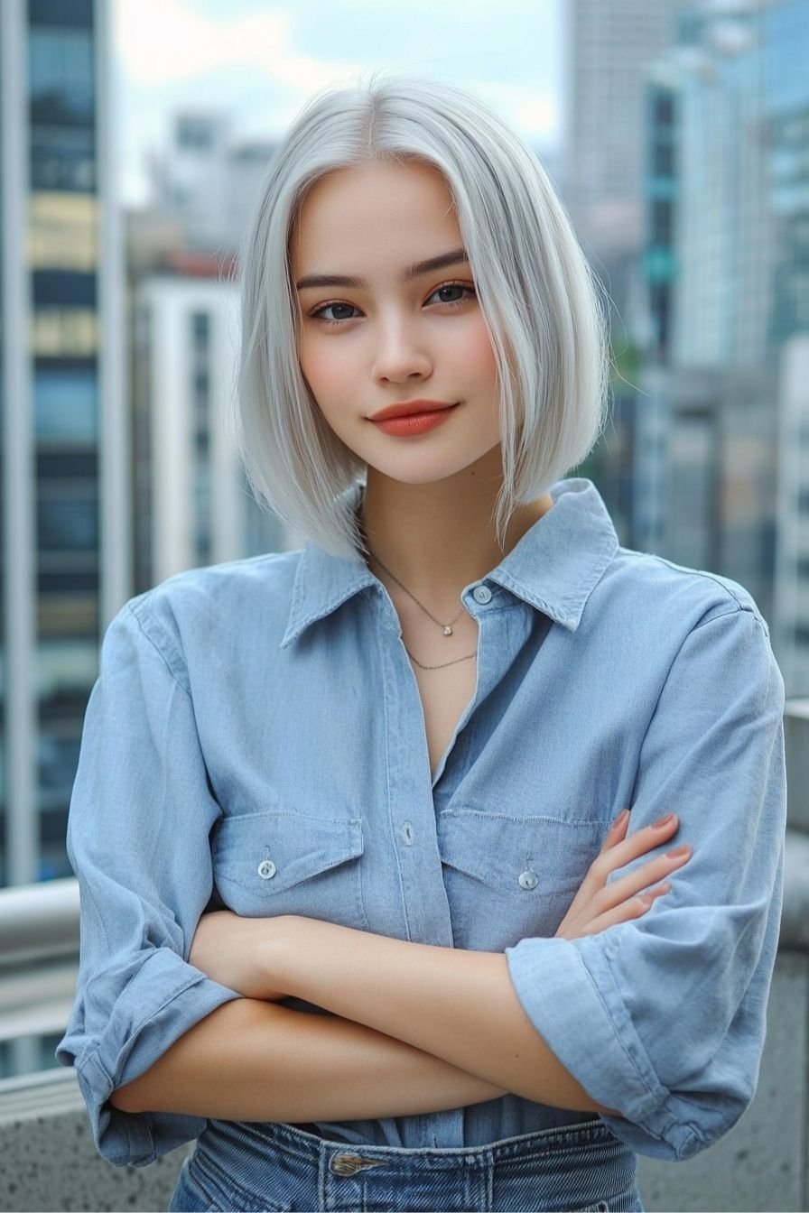 Sleek Silver Bob with Middle Part