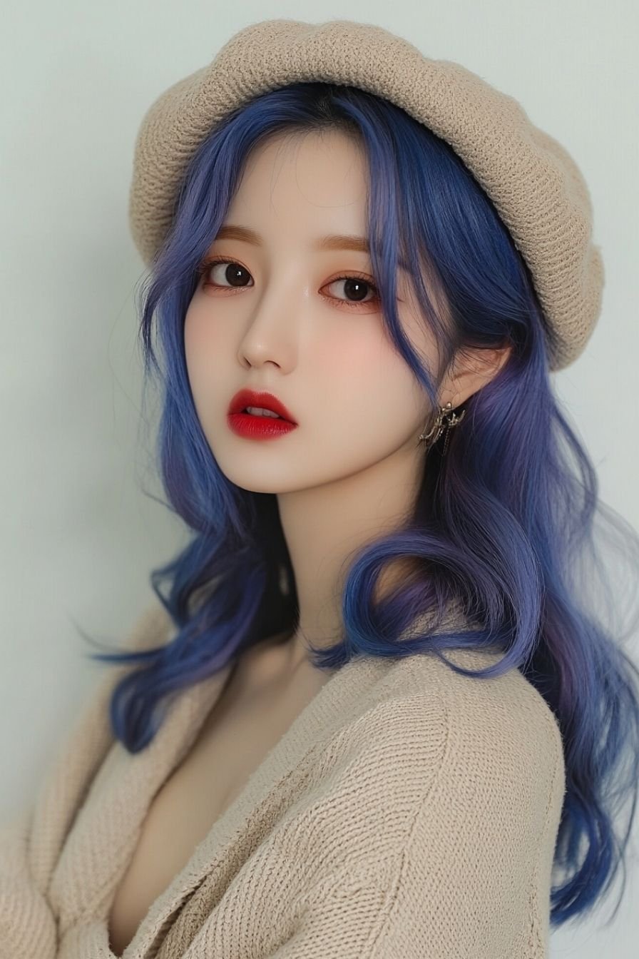 Wavy Blue Hair with a Beret