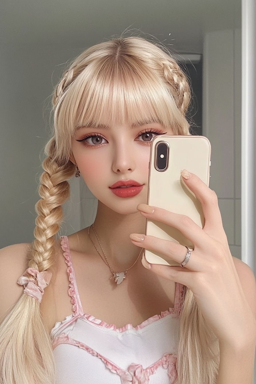 Whimsical Pigtail Braids with Bangs