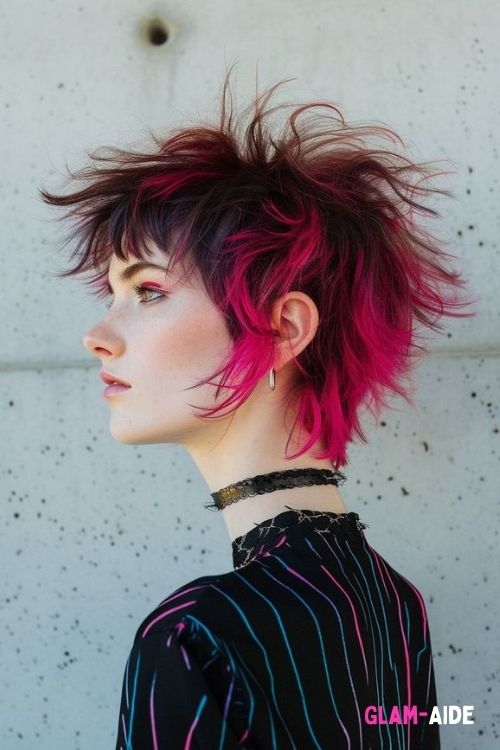 pixie wolf cut with bold pink highlights