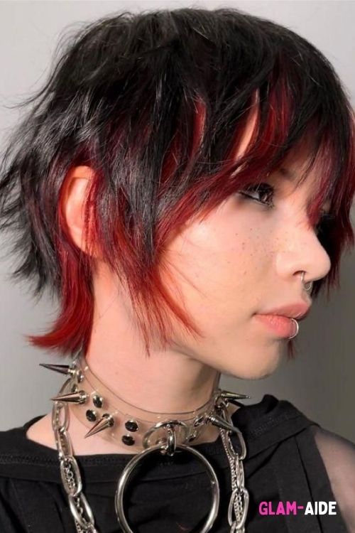 pixie wolf cut with bold red highlights