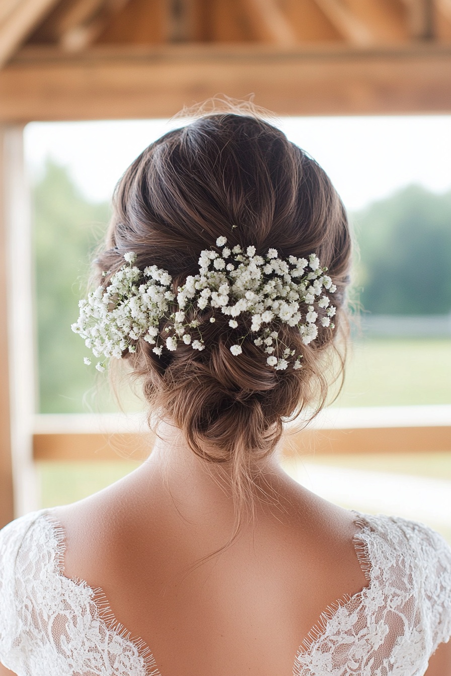  Romantic Low Bun with Baby’s Breath