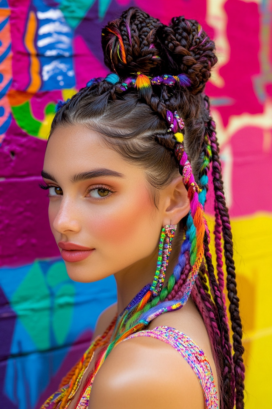 Braided Space Buns with Colorful