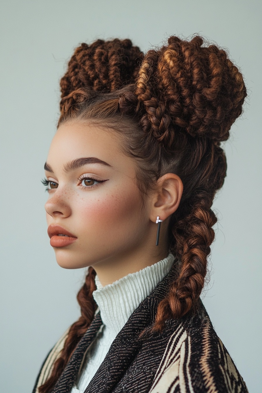 Bold Braided Space Buns with a Twist